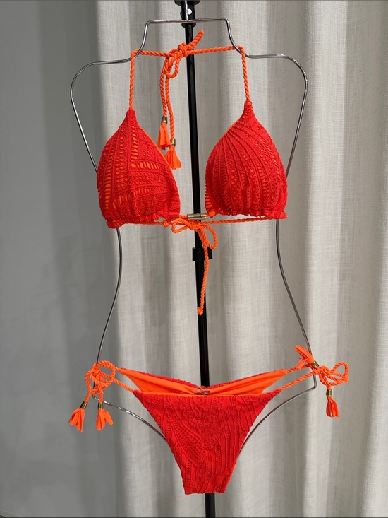 Fiorella Other - Crochet Triangle Bikini Set in Bright Orange-Red
